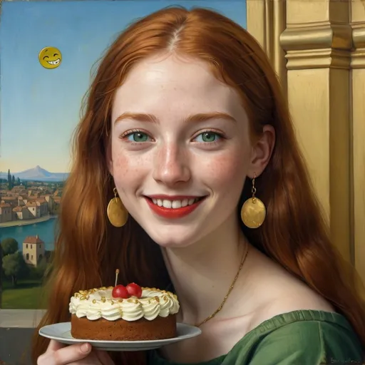 Prompt: a half-length portrait painting  of 20 year-old woman cover with dark freckle green eyes  long ginger hair red lipstick  on a smile on her face, "gold earrings",  smiley-face T-shirt, eating cake, with a green background and a blue sky, Fra Bartolomeo, academic art, renaissance oil painting, a painting in the style of  Mona Lisa