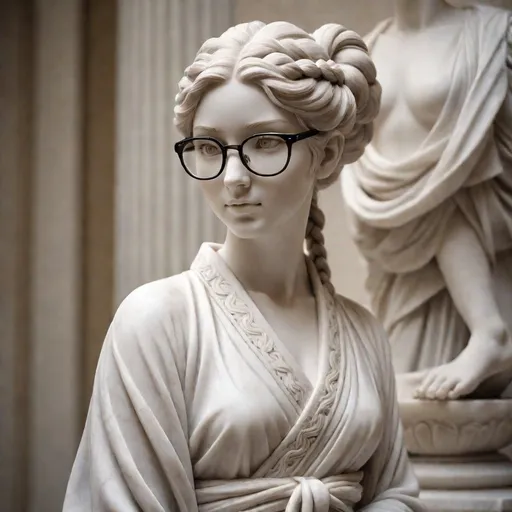 Prompt: White Marble statue of ((25-year-old woman, long hair  in a French braid,  broad rimmed eyeglasses,  in a kimono broad, detailed, elegant pose, long flowing sleeves, serene expression, high quality, classical sculpture, ancient Greek, detailed features, white marble, elegant pose, graceful, soft lighting, traditional, historical, realistic details, classical art, serene expression, lifelike, smooth curves, goddess-like, ancient beauty, classical, sophisticated, traditional sculpture, elegant, natural lighting