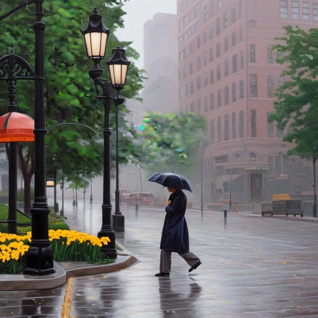 Prompt: <mymodel> a photo  of rainy day on  a city street with a lamp post and flowers on the sidewalk and a person walking down the street.