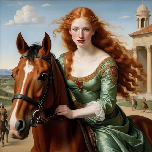 Prompt: a painting of  Helen of Troy cover with dark freckle green eyes  long ginger hair, red lipstick, on a smile on her face, riding a horse  academic art, renaissance oil painting, a painting