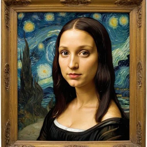 Prompt: "Mona Lisa" running in late for a college class in   in "The Starry Night" by  Vincent van Gogh