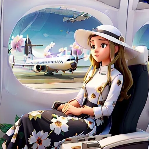 Prompt: a (( 21-year-old woman in a long flower print Empire Dress with a high neck line and white hat)) sitting on an airplane seat with a hat on her head and a plane in the background with a window, Annie Leibovitz, precisionism, promotional image, an art deco painting