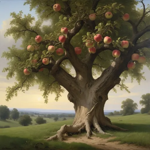 Prompt: Create a UHD, 64K, professional oil painting in the style of Carl Heinrich Bloch, blending the American Barbizon School and Flemish Baroque influences. Depict  "The old apple tree, gnarled and bent, still bore fruit, a testament to its enduring strength and resilience."