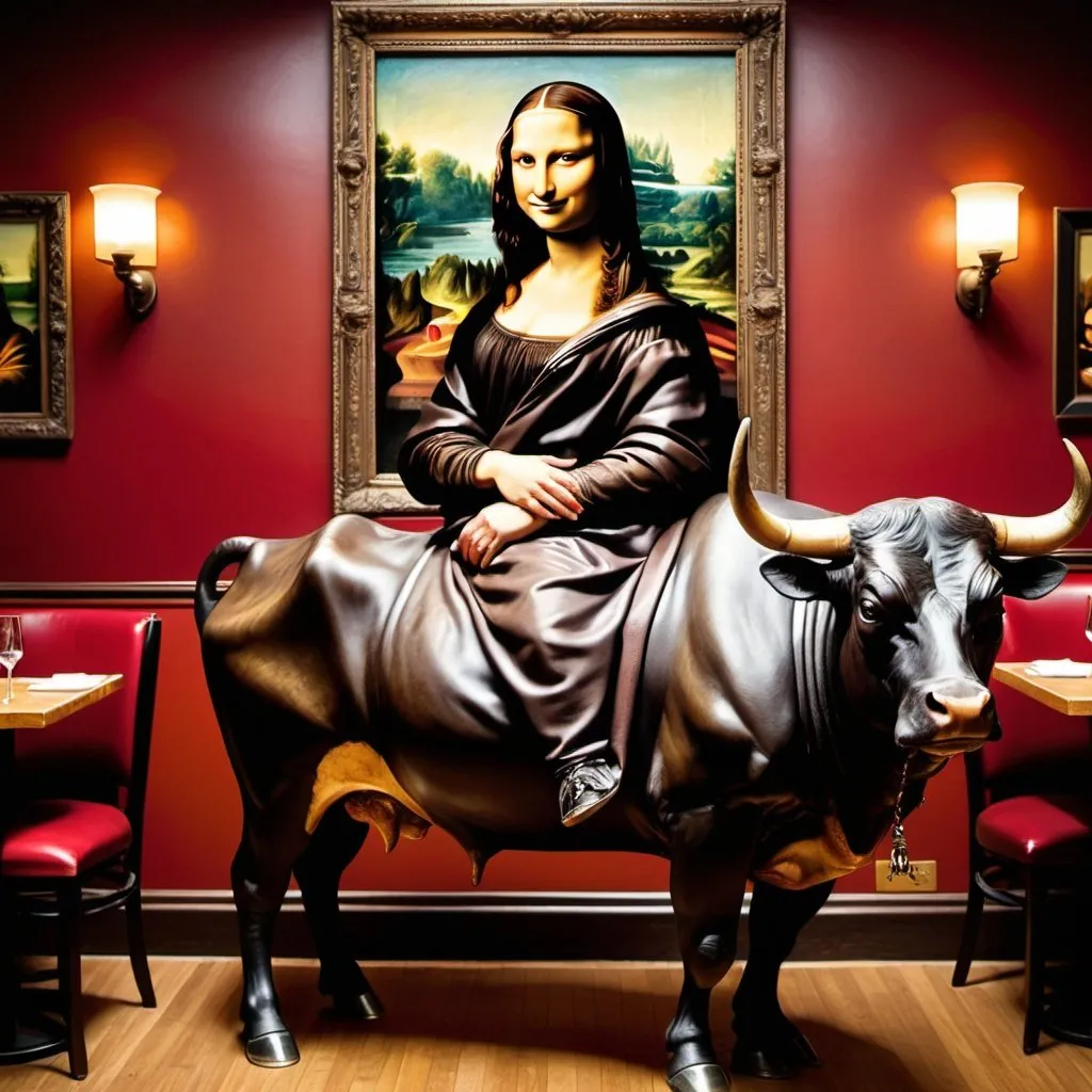 Prompt: Mona Lisa  riding a bull in  a steakhouses restaurants