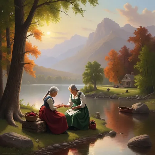 Prompt: Create a UHD, 64K, professional oil painting in the style of Albert Bierstadt, Hudson River School, american scene painting, Depict "A heartwarming scene where a grandmother is teaching her granddaughter how to crochet. The setting is cozy and filled with warmth, showcasing the bond and joy of passing down skills through generations."

