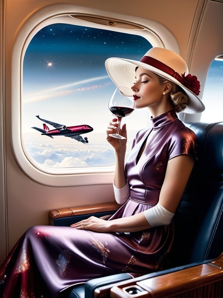 Prompt: a 21-year-old woman in a long flower print Empire Dress with a high neck line and white hat sitting on an airplane seat with a hat on her head drinking red wine,  and the Andromeda Galaxy  in the background with a window, Annie Leibovitz, precisionism, promotional image, an art deco painting  drinking red wine,