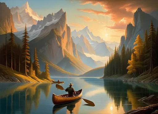 Prompt: a painting of a boat on a lake with mountains in the background and a man in a canoe in the foreground, Christophe Vacher, fantasy art, highly detailed oil painting, a detailed matte painting