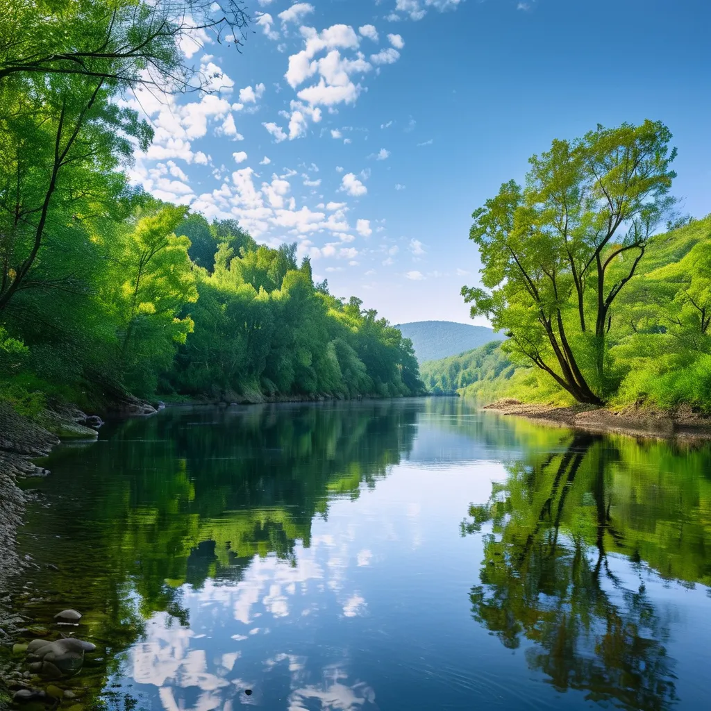 Prompt: A peaceful river surrounded by nature, The water is clear, and the surroundings are lush and green 