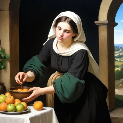 Prompt: Create a professional oil painting in the styles of Carl Heinrich Bloch, the American Barbizon School, William-Adolphe Bouguereau, and Flemish Baroque art. Depict a young woman in a serene, rustic setting, engaged in a domestic task, wearing a traditional 19th-century dress.

Subject: A young woman in a rural setting, arranging a bowl of oranges and apples on a wooden table covered with a white cloth.

Dress Description:

Overlay: Black dress with a fitted bodice.
Undershirt: White, with large, puffed sleeves gathered at the wrists, visible at the neckline and cuffs.
Skirt: Part of the black dress, long and full.
Details: Green accent fabric visible under the black sleeves. White headscarf tied loosely, covering her hair.
Composition: Position the woman centrally, leaning over the table, hands gently touching the fruit. Her expression should be serene and focused.

Background: Rustic interior with an arched doorway opening to a lush green landscape, including rolling hills, distant trees, and a bright blue sky with soft white clouds.

Lighting: Use chiaroscuro with light coming from the right, illuminating her face and hands, casting soft shadows on the table and fruit. The background should have gentle, natural light contrasting with the darker interior.

Detail and Realism: Emphasize textures and details of the dress, fruit, and setting. Ensure the fabric looks realistic with visible folds. The fruit should appear fresh and vibrant.

Color Palette: Rich, deep tones. The black dress contrasts with the white undershirt and headscarf. The fruit should be vibrant oranges and apples. The background should have earthy tones and lush greens.

Atmosphere: Calm and reflective, capturing a timeless moment of simplicity and beauty in rural life.

This rephrased prompt should help the AI tool to clearly understand the specifics of the dress and scene, ensuring accurate representation.