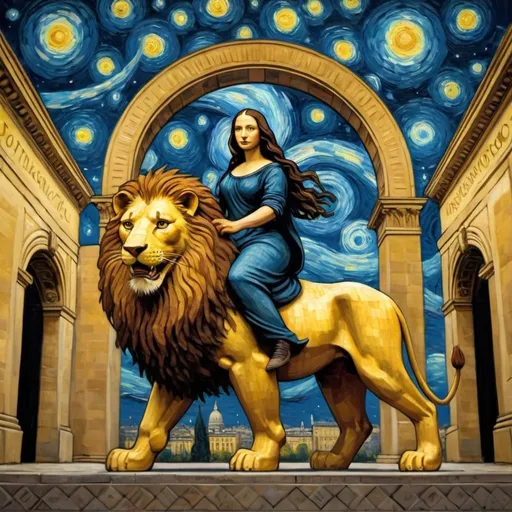 Prompt: Mona Lisa riding a  lion  through the Arc de Triomphe in the style of "The Starry Night" by Vincent van Gogh