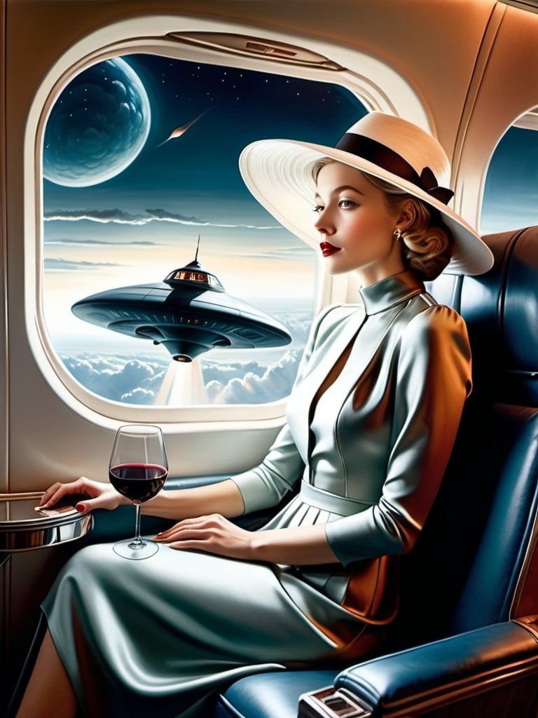 Prompt: a (( 21-year-old woman in a long flower print Empire Dress with a high neck line and white hat)) sitting on an airplane seat with a hat on her head, drinking red wine, and an attacking UFO in the night shy in in the background with a window, Annie Leibovitz, precisionism, promotional image, an art deco painting