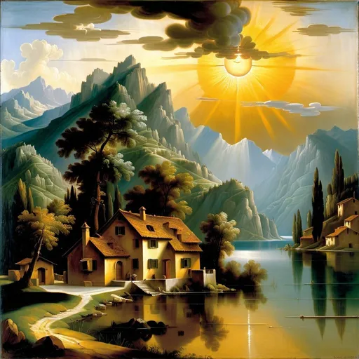 Prompt: painting of  a house  by a lake with mountains in the background and a sun above it, Leonardo da Vinci, american scene painting, stormy weather, a professional  fine art painting