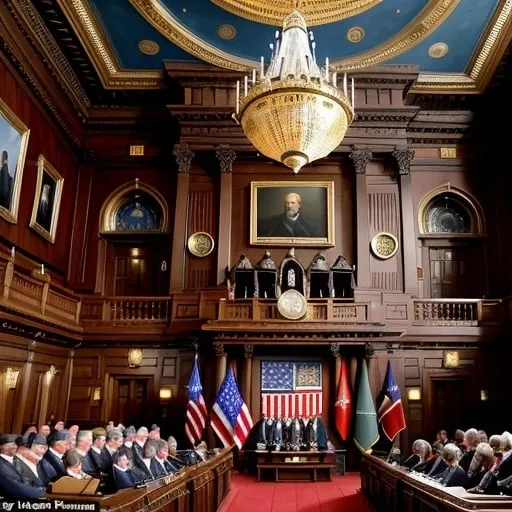 Prompt: Create a UHD, 64K, professional oil painting in the style of Albert Bierstadt, Hudson River School, american scene painting, Create an oil painting set in the year 1890, capturing the moment when members of a state house of representatives are celebrating the end of their biannual session. The Speaker of the House is striking the gavel, declaring the House adjourned "sine die." The scene is filled with the atmosphere of relief and jubilation.

In the painting, the Speaker stands at the front, mid-motion, as he strikes the gavel on the wooden podium. The representatives, dressed in period-appropriate attire of the late 19th century, are reacting with joy, clapping, shaking hands, and some even throwing their hats in the air. The grand hall is adorned with elaborate woodwork, chandeliers, and large windows allowing natural light to flood in. The walls are lined with portraits of notable figures and flags, adding to the historic and celebratory ambiance