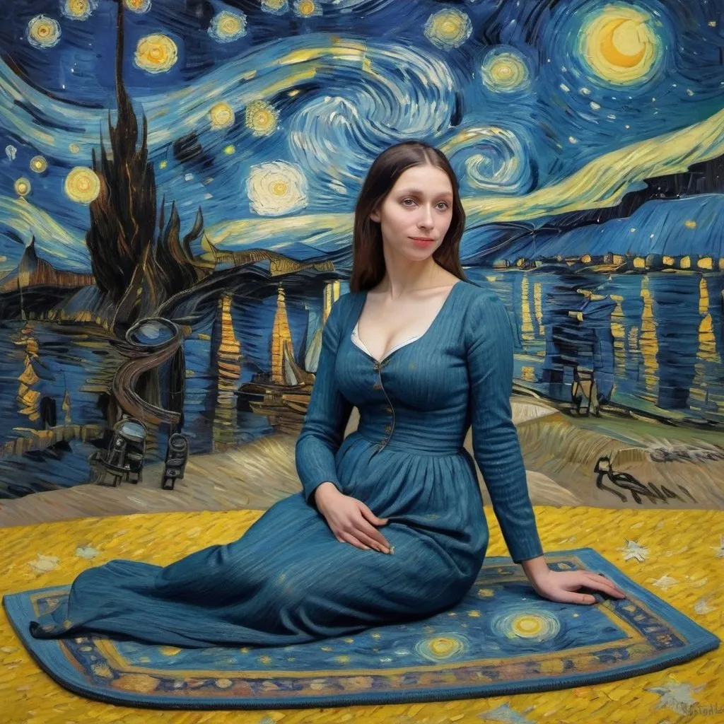 Prompt: Mona Lisaflying on a magic carpetin  The Starry Night by Vincent van Gogh
