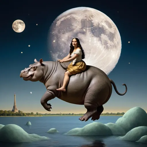 Prompt: Mona Lisa riding a Hippopotamus  that is jumping over the Moon. 