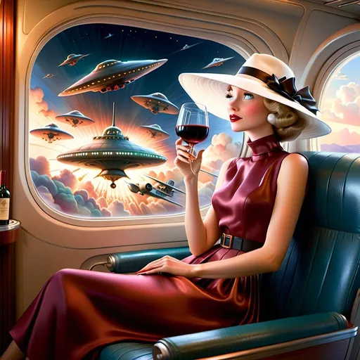 Prompt: a 21-year-old woman in a long flower print Empire Dress with a high neck line and white hat  sitting on an airplane seat with a hat on her head, drinking red wine, and an attacking UFO in the night shy in in the background with a window, Annie Leibovitz, precisionism, promotional image, an art deco painting