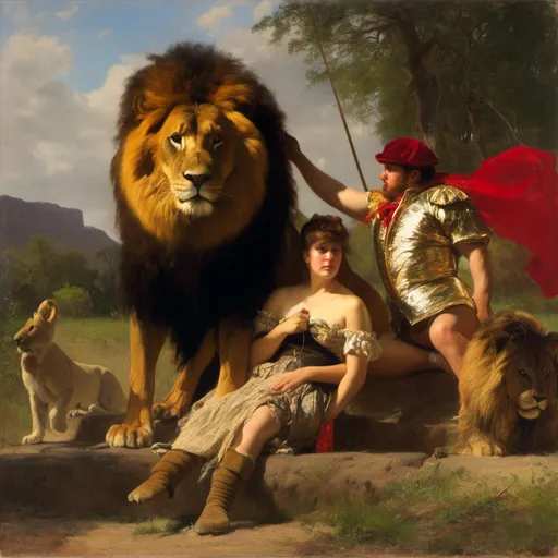 Prompt: <mymodel>Create a UHD, 64K, professional oil painting in the style of Carl Heinrich Bloch, blending the American Barbizon School and Flemish Baroque influences. Depict a historical scene of a woman working as a lion tamer in a grand circus. The foreground features the lion tamer, a strong and confident woman dressed in a vibrant, ornate costume with gold and red accents, reminiscent of the late 19th to early 20th century circus attire. She holds a whip in one hand and a hoop in the other, demonstrating her control and skill.

In the center, several majestic lions are positioned around her, some sitting obediently while others leap through the hoop she holds, capturing the action and excitement of the performance. The lions are meticulously detailed, their powerful muscles and fierce expressions contrasting with the calm authority of the tamer.

The background shows the bustling interior of the circus tent, with an audience seated on wooden benches, their faces filled with awe and anticipation. The tent's fabric is richly colored, with intricate patterns and billowing drapes, and the warm, glowing light of oil lamps adds to the magical atmosphere.

The atmosphere captures the thrill and danger of the circus act, with dynamic lighting casting dramatic shadows and enhancing the textures of the scene. The painting should evoke a sense of wonder and admiration for the bravery and artistry of the lion tamer, celebrating her unique role in the vibrant world of the circus.