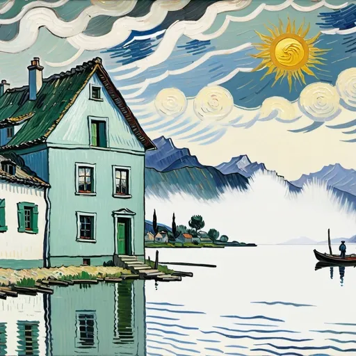 Prompt: painting of  a house  by a lake with mountains in the background and a sun above it, Vincent van Gogh, american scene painting, stormy weather, a  painting, UHD 64K