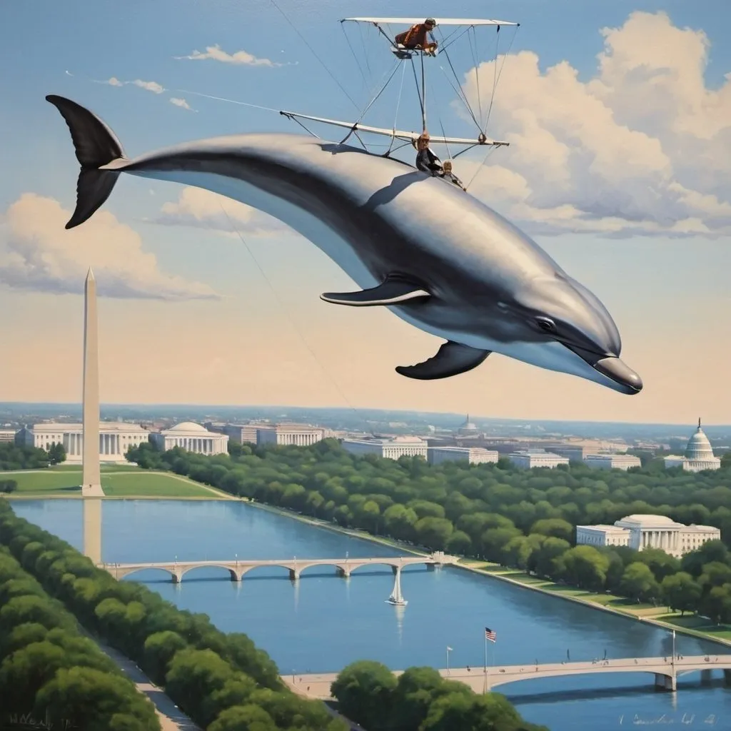 Prompt: a dolphin,  flying over washington DC on hang glider, 1970s oil painting,

