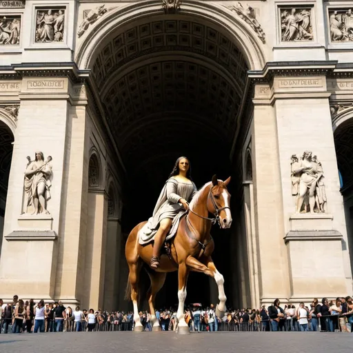 Prompt: Mona Lisa riding a horse through the Arc de Triomphe.