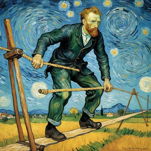 Prompt: "Vincent van Gogh" walking on tightrope