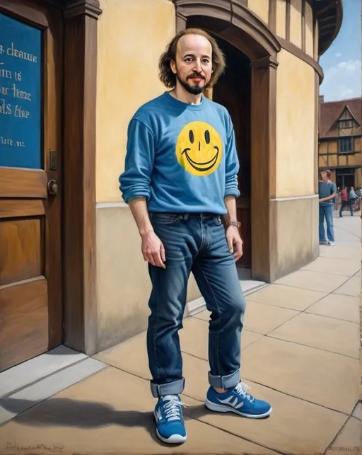 Prompt: a full-length portrait painting,
William Shakespeare,
standing on the sidewalk outside the 	Globe Theatre, 
smiley face  t-shirt, 
long blue jean,
blue tennis shoes,
academic art, renaissance oil painting