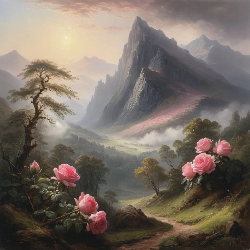 Prompt: a painting of  "The mountains rose in the distance, their lofty heights shrouded in mist, giving them an ethereal, otherworldly appearance."

Sir Walter Scott, Ivanhoe (1819)