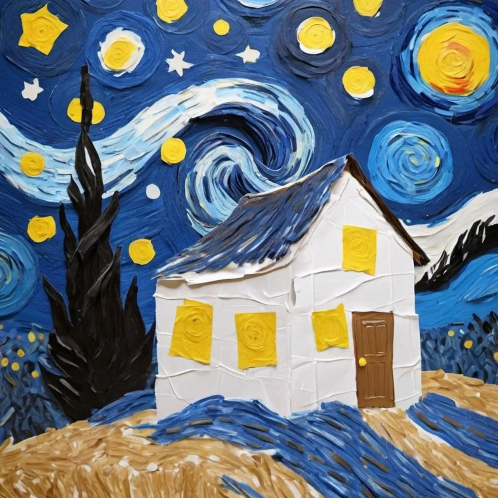 Prompt: rolling a house with toilet paper  in the style of "The Starry Night" by Vincent van Gogh