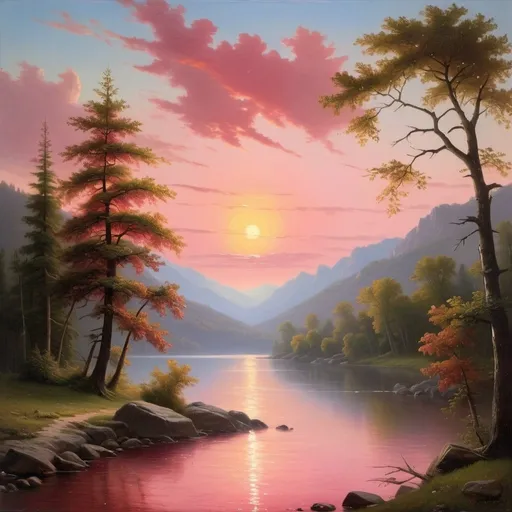 Prompt: Create a oil painting in the style of Albert Bierstadt, Hudson River School, Depict "The sunset faded to a rosy pink, and the evening star glimmered just above the horizon."