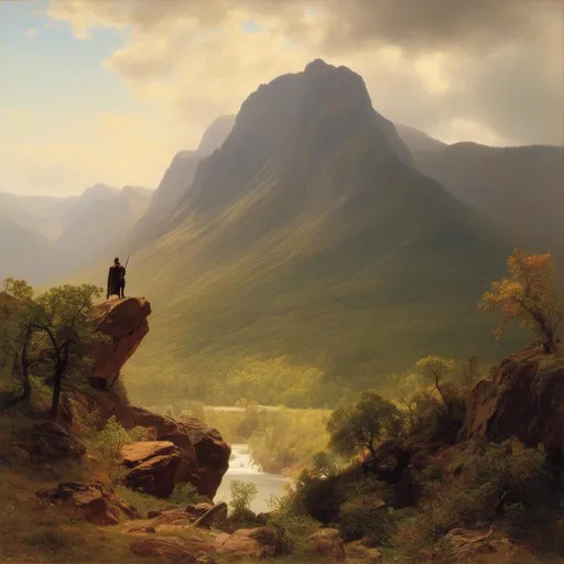 Prompt: <mymodel> a painting of a  brave knight, standing on a rock with a sword in his hand,  mountain in the background, Albert Bierstadt, hudson river school, matte painting, a matte painting