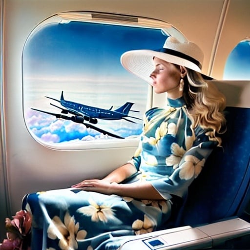 Prompt: a (( 21-year-old woman in a long flower print Empire Dress with a high neck line and white hat)) sitting on an airplane seat with a hat on her head and a plane in the background with a window, Annie Leibovitz, precisionism, promotional image, an art deco painting