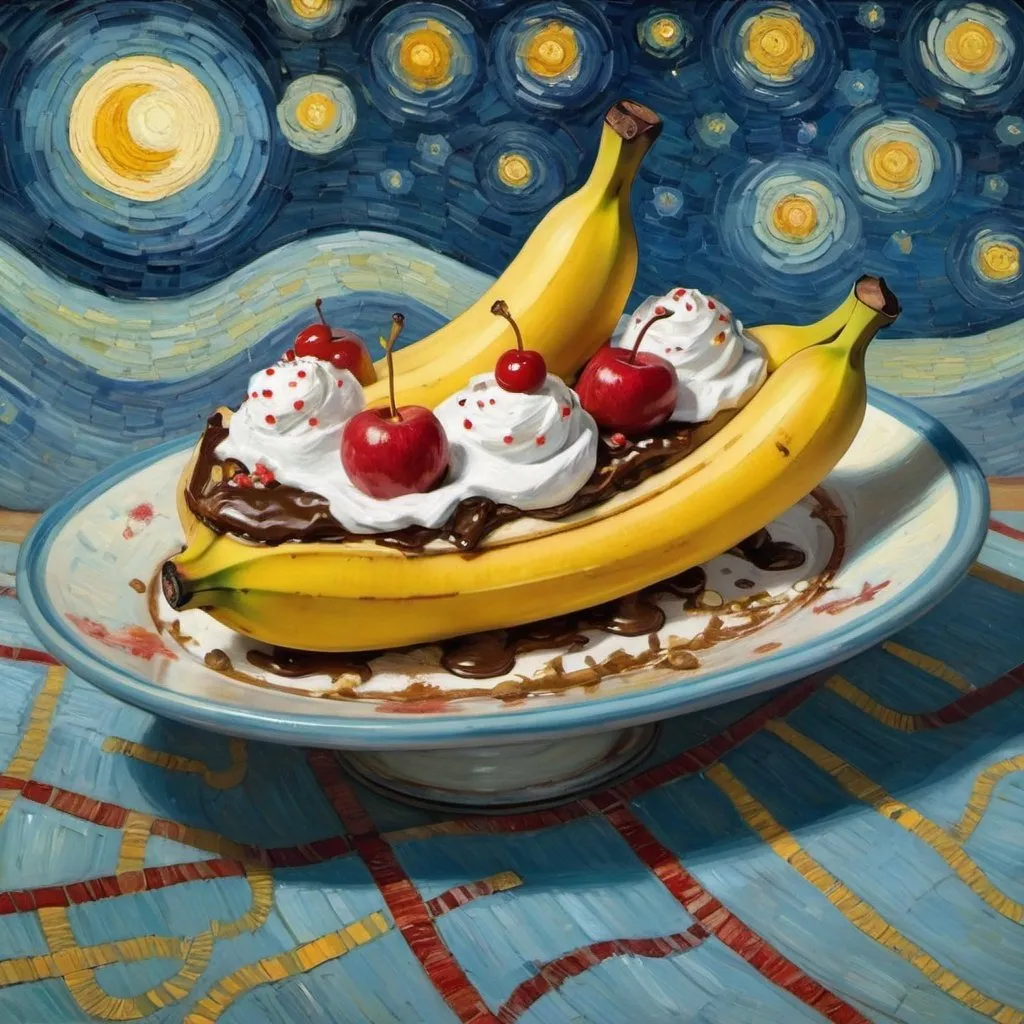 Prompt: A "banana split" flying on a "magic carpet" in "The Starry Night" by Vincent van Gogh