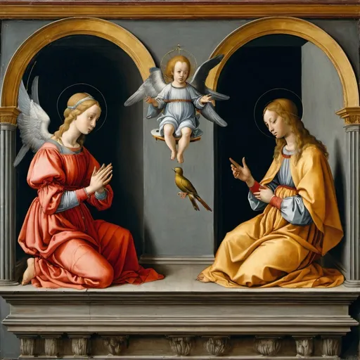 Prompt: a painting of the archangel Gabriel  and the Virgin  Mary sitting on a ledge with a bird in their hand and a birdcage in their hand, Domenico Ghirlandaio, renaissance, renaissance oil painting, a painting

the archangel Gabriel telling the Virgin  Mary she will become the mother of Jesus
