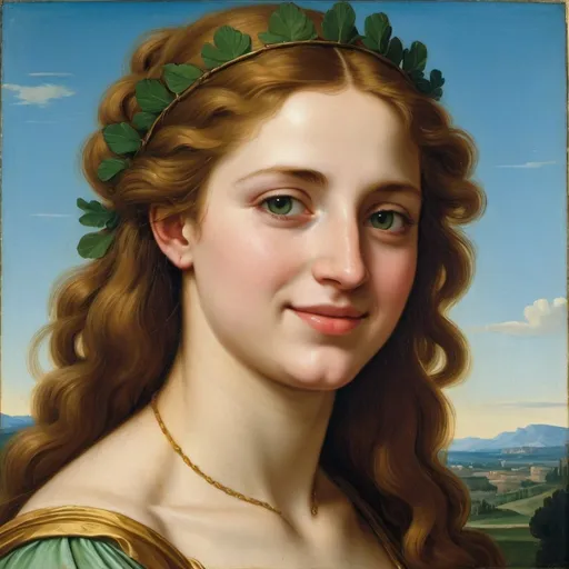 Prompt: a painting of Helen of Troy long hair, on a smile on her face, with a green background and a blue sky, Fra Bartolomeo, academic art, renaissance oil painting, a painting  