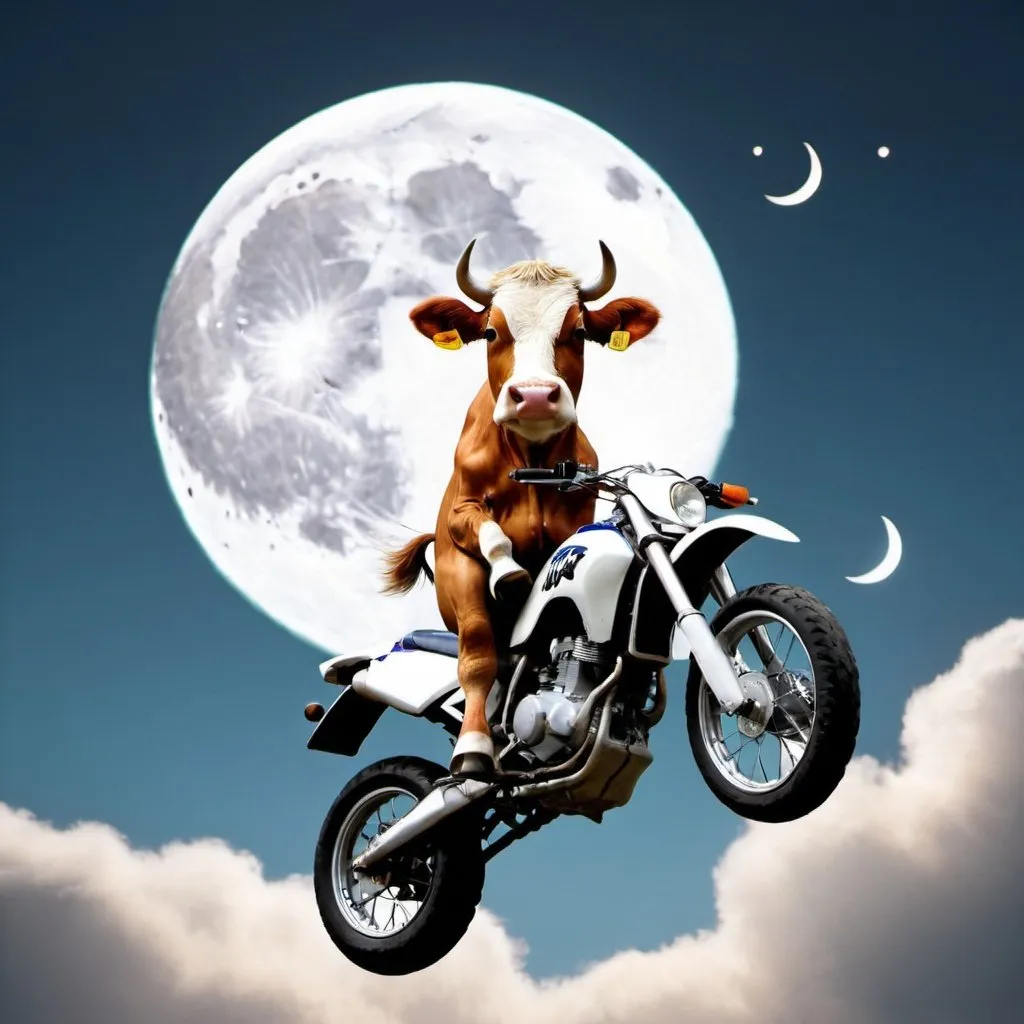 Prompt: A cow on a motorcycle jumping over the Moon