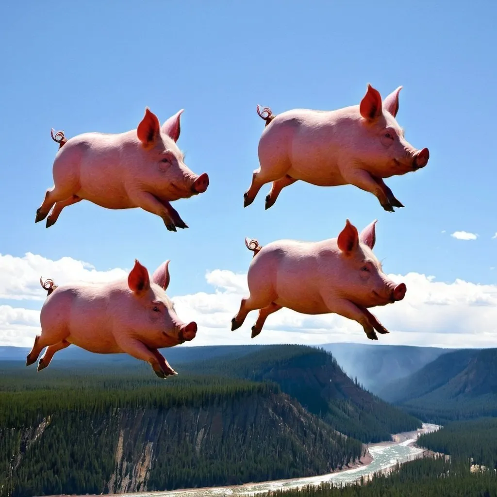 Prompt: three pigs flying over yellowstone national park
