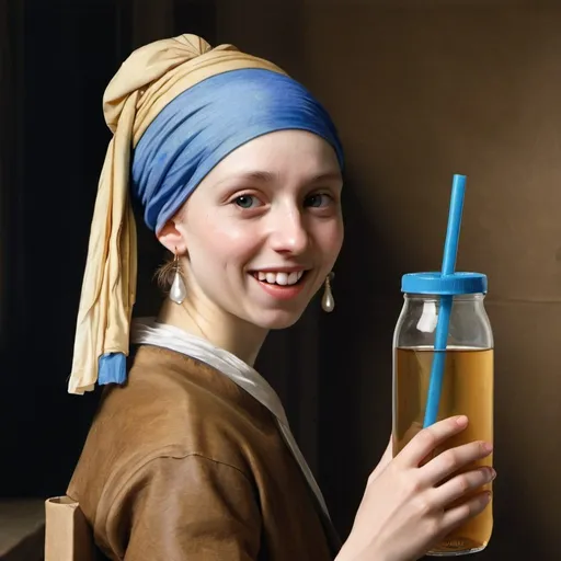 Prompt: "the girl with the pearl earring" smiling while drinking through a straw stuck in "an open glass bottle that is wrap in a brown paper."