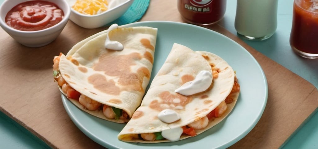 Prompt: a plate with a  shrimp quesadilla, a small containers with lid of salsa,  a small containers with lid of sure cream, and  bottle of soda on the table,  superflat, product photo, a pastel