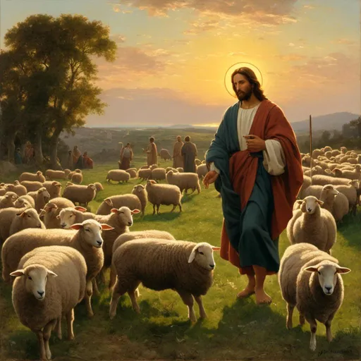 Prompt: a painting of Jesus as the shepherd  in a field of sheep with the sun setting behind him and a shepherd standing in the grass.<mymodel>