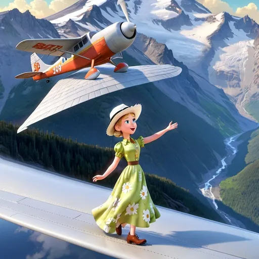 Prompt: a view of something crazy a (( 21-year-old woman in a long flower print Empire Dress with a high neck line and white hat)) is walking on top of the wing of the plane in flight, High Above Mt. Rainier


