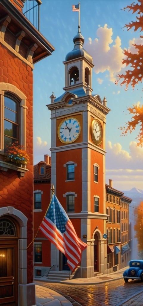 Prompt: a clock tower with a flag flying in the background and a building with a flag on top of it, Evgeny Lushpin, american scene painting, detailed painting, an ultrafine detailed painting