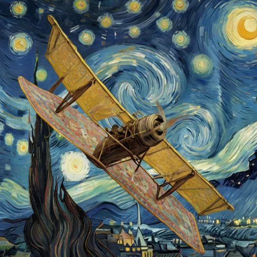 Prompt: A medium rare flying on a "magic carpet" in "The Starry Night" by Vincent van Gogh