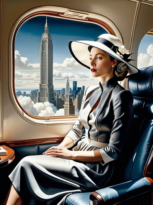 Prompt: having a nightmare about  work  a woman sees her office in the window  a (( 21-year-old woman in a long flower print Empire Dress with a high neck line and white hat)) sitting on an airplane seat with a hat on her head and her office in the window in the background with a window, Annie Leibovitz, precisionism, promotional image, an art deco painting