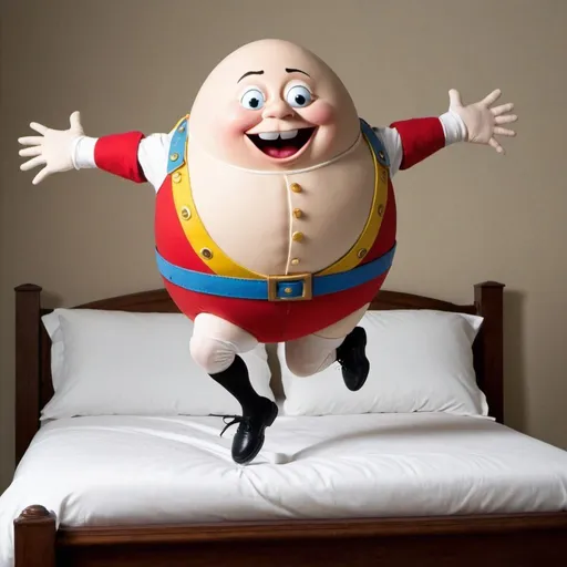 Prompt: Humpty Dumpty jumping on a bed

