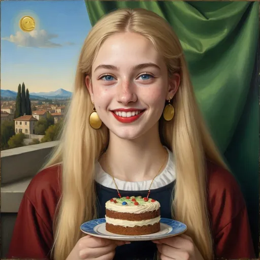 Prompt: a half-length portrait painting  of 20 year-old woman cover with dark freckle blue eyes  long blonde hair red lipstick  on a smile on her face, "gold earrings",  smiley-face-t-shirt, eating cake, with a green background and a blue sky, Fra Bartolomeo, academic art, renaissance oil painting, a painting in the style of  Mona Lisa