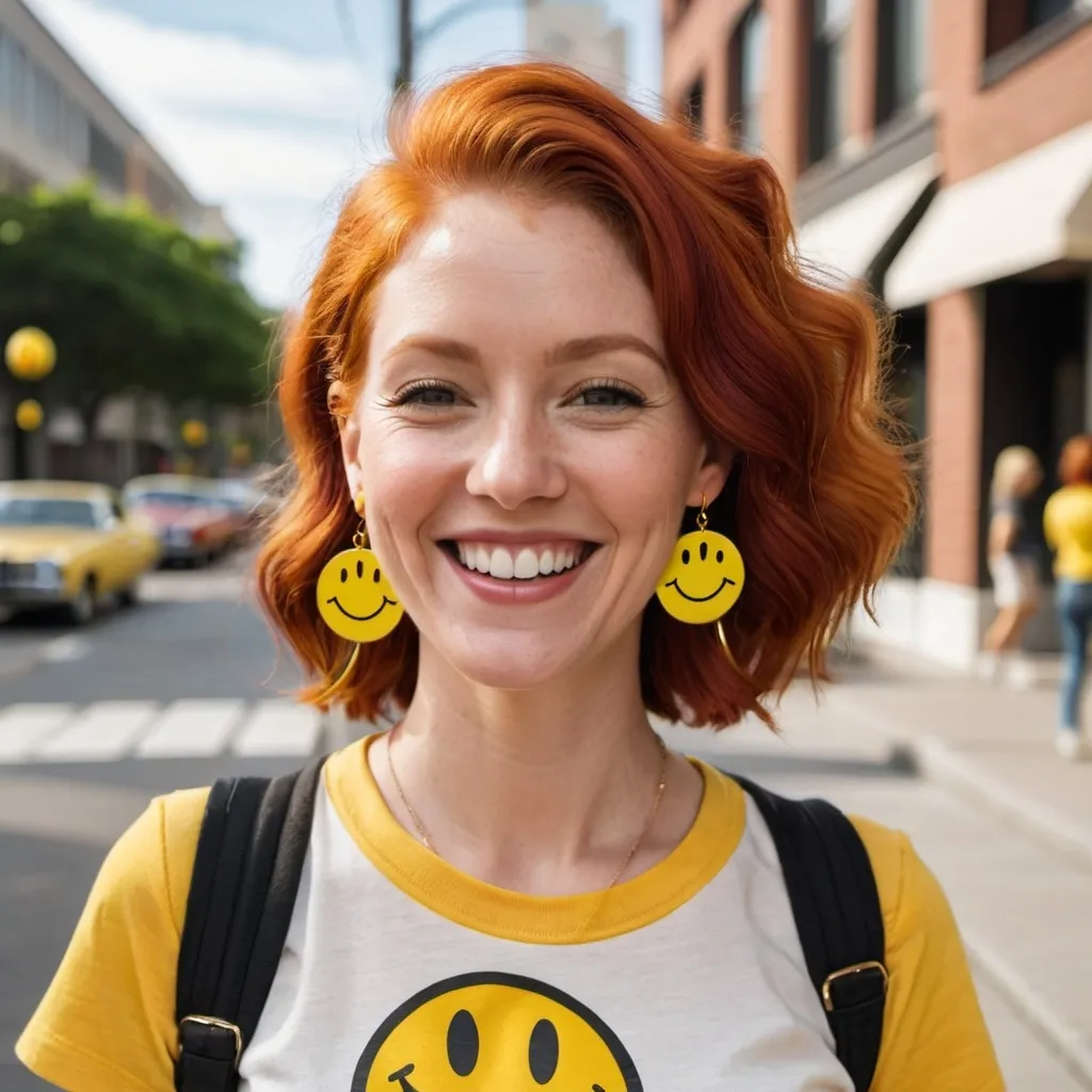 Prompt: a woman with red hair wearing a smiley face t - shirt and ( a yellow smiley face earrings) smiles at the camera while standing on a sidewalk,  figurativism, 1 9 7 0 s, a character portrait