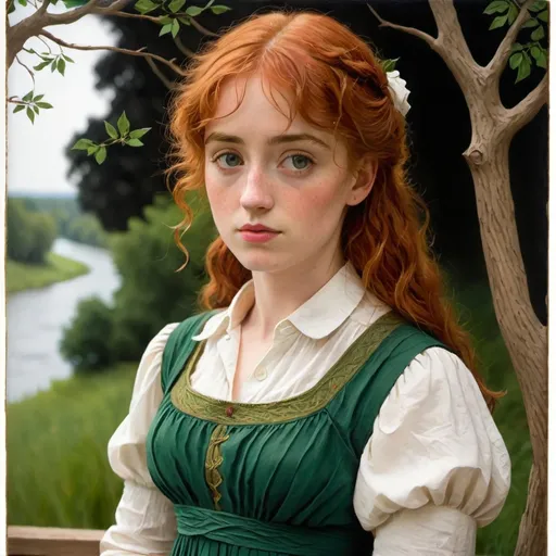 Prompt: a painting of a woman with red hair and a green dress and a white shirt and a tree and a river, Anne Said, pre-raphaelitism, pre - raphaelite, an ultrafine detailed painting

Anne Shirley at age of 21, by L. M. Montgomery