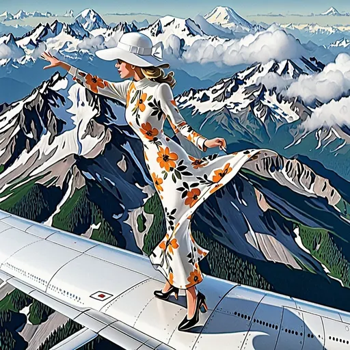 Prompt: a view of something crazy a (( 21-year-old woman in a long flower print Empire Dress with a high neck line and white hat)) is walking on top of the wing of the plane in flight, High Above Mt. Rainier


