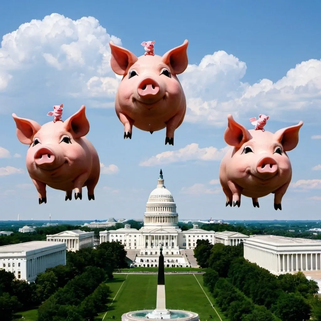 Prompt: three pigs flying over washington DC
