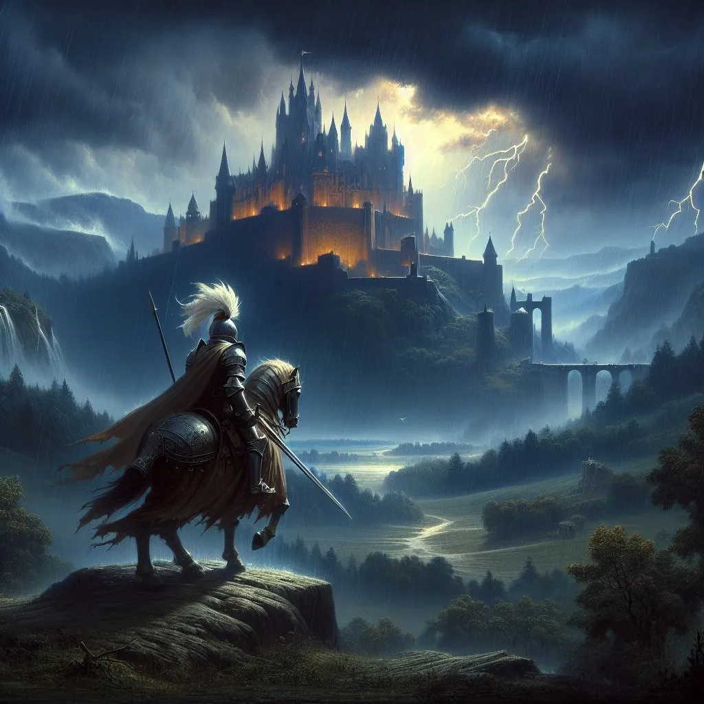 Prompt: It was a a dark and stormy night, The noble knight  his helmet crested with a plume of white feathers  rode forth to battle with a spirit that nothing could daunt, in the  background Castle was a vast and majestic pile standing on an eminence and commanding the whole of the country around, as the storm increased the thunder rolled and the rain continued to beat with unabated fury, Andreas Achenbach, american scene painting, Albert Bierstadt, an oil painting